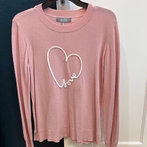Marled pink long sleeve sweater, “love” in shape of a heart